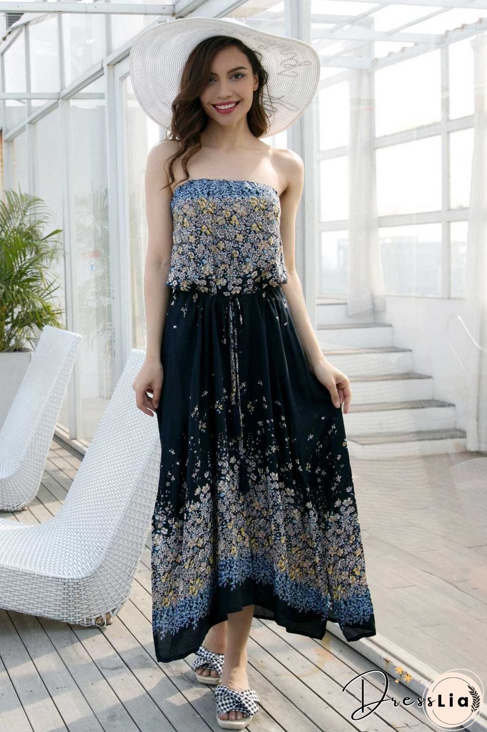 Strapless Open Back Slit Tie Front Floral Dress