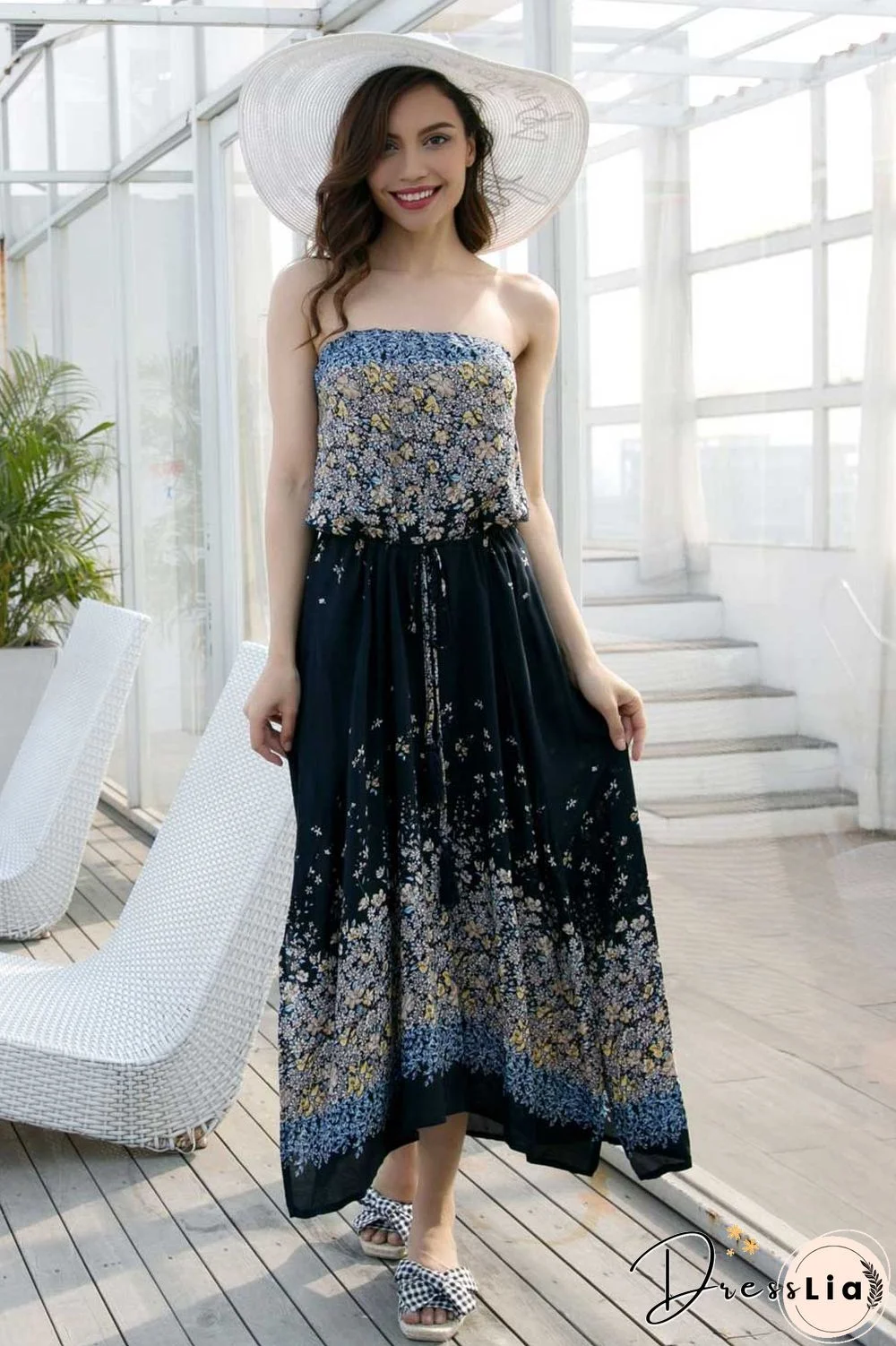 Strapless Open Back Slit Tie Front Floral Dress