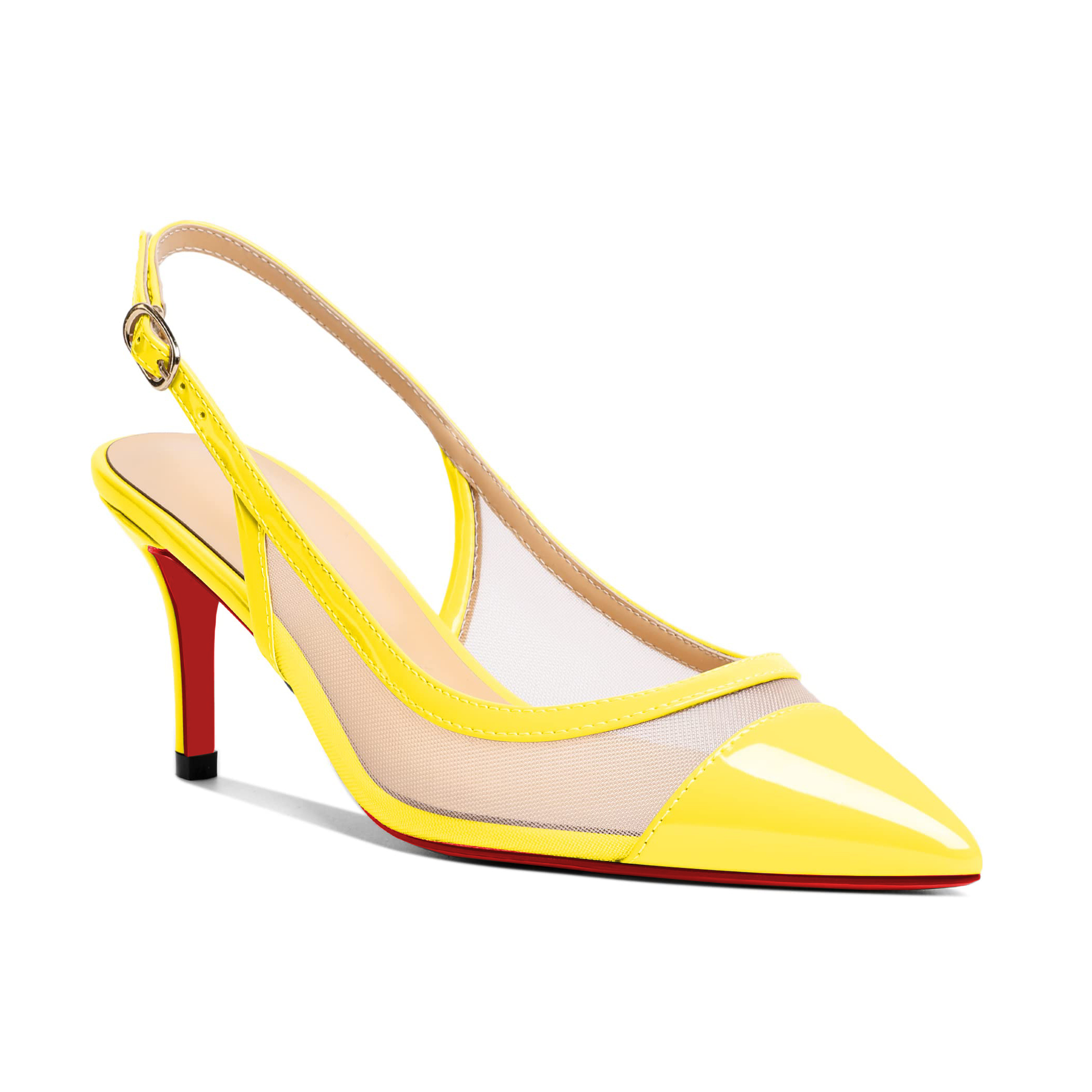 65mm Women's Pointed Toe Kitten Heel Ankle Buckle Pumps Mesh Red Bottom Patent Shoes-MERUMOTE
