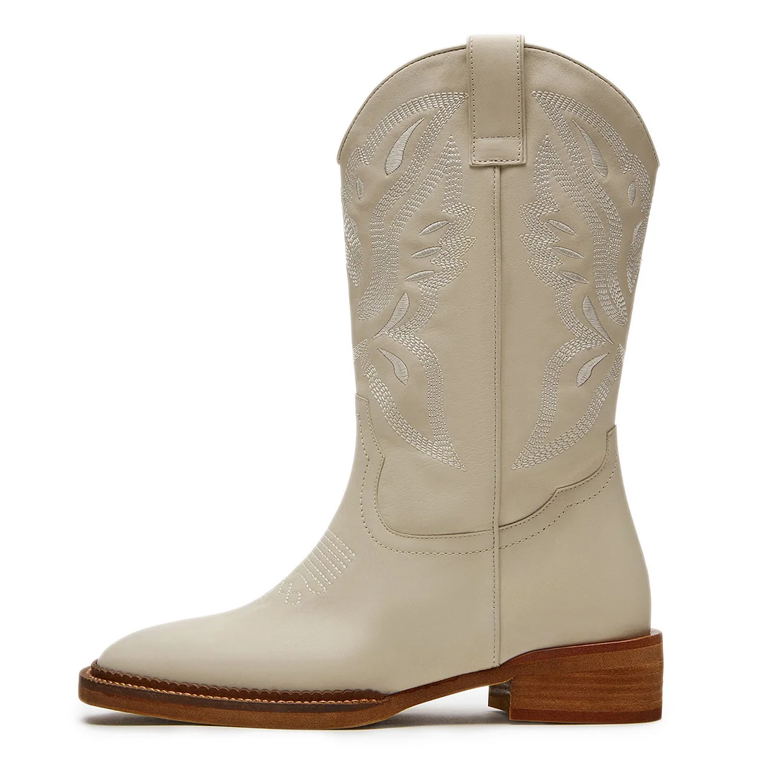 Vegan Leather Square Toe Embroidered Pull-On Cowgirl Boots in Ivory