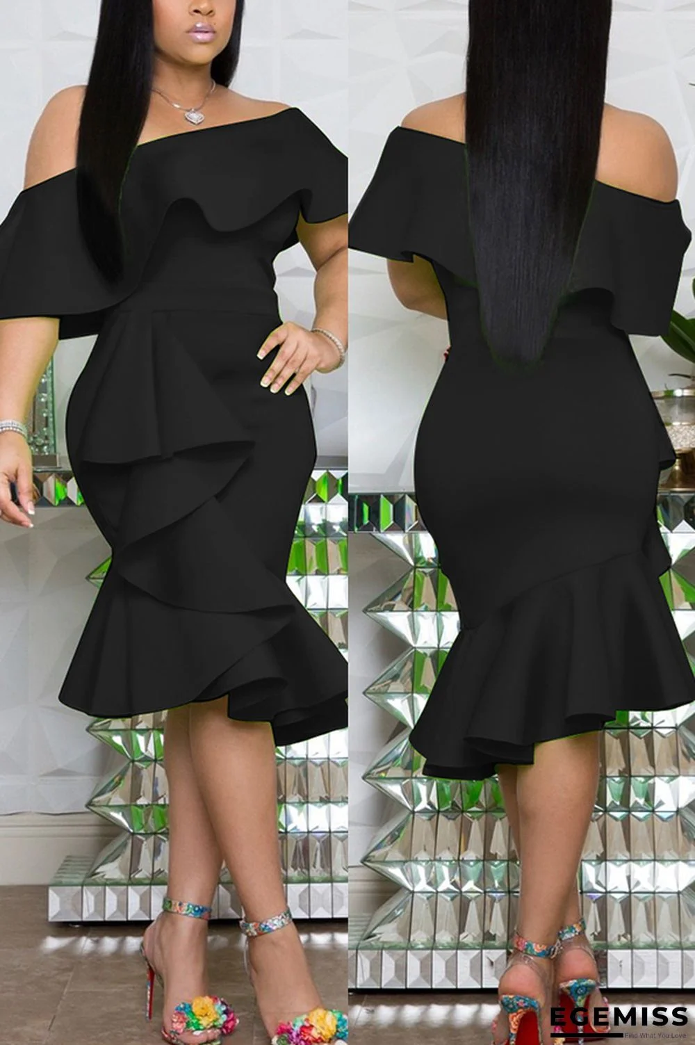 Black Fashion Wrapped Chest Lotus Leaf Collar Irregular Dress | EGEMISS