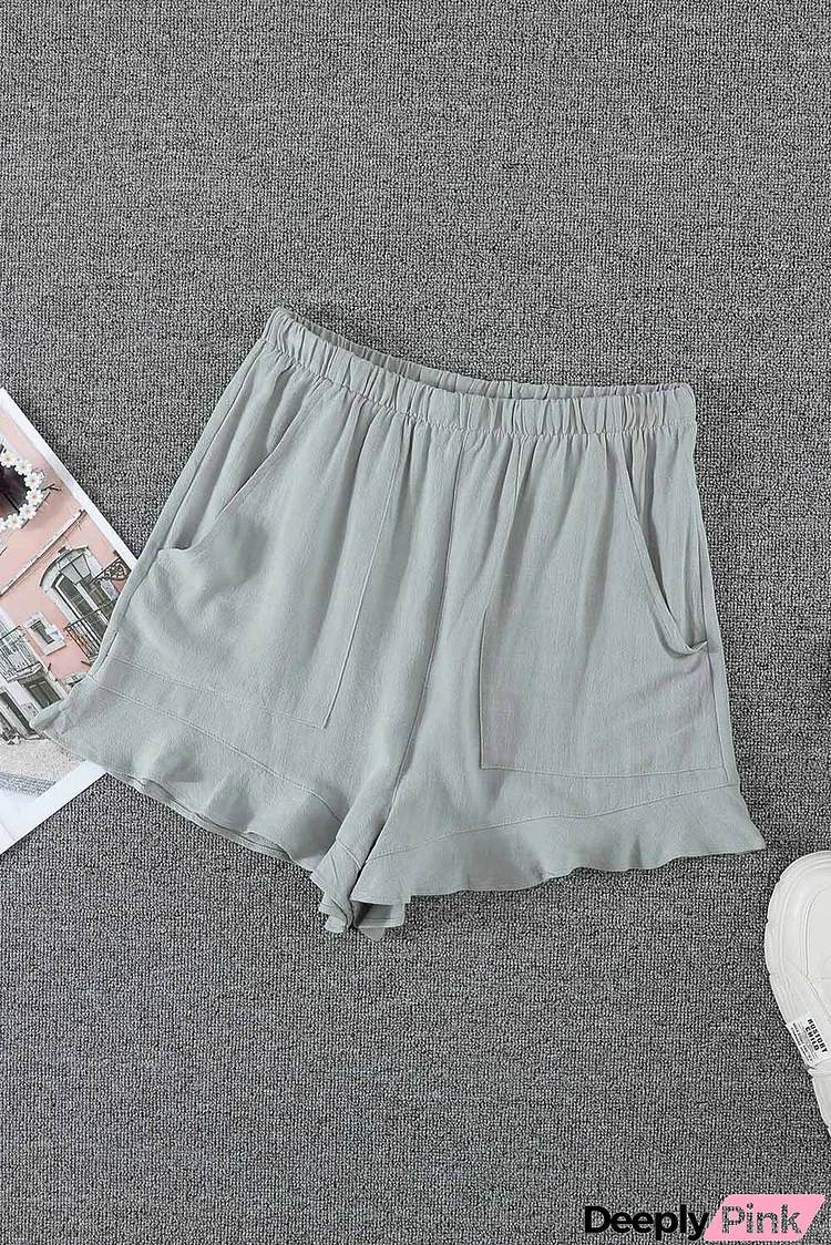 Summer Gray Blue Pocketed Flutter Linen Cotton Shorts