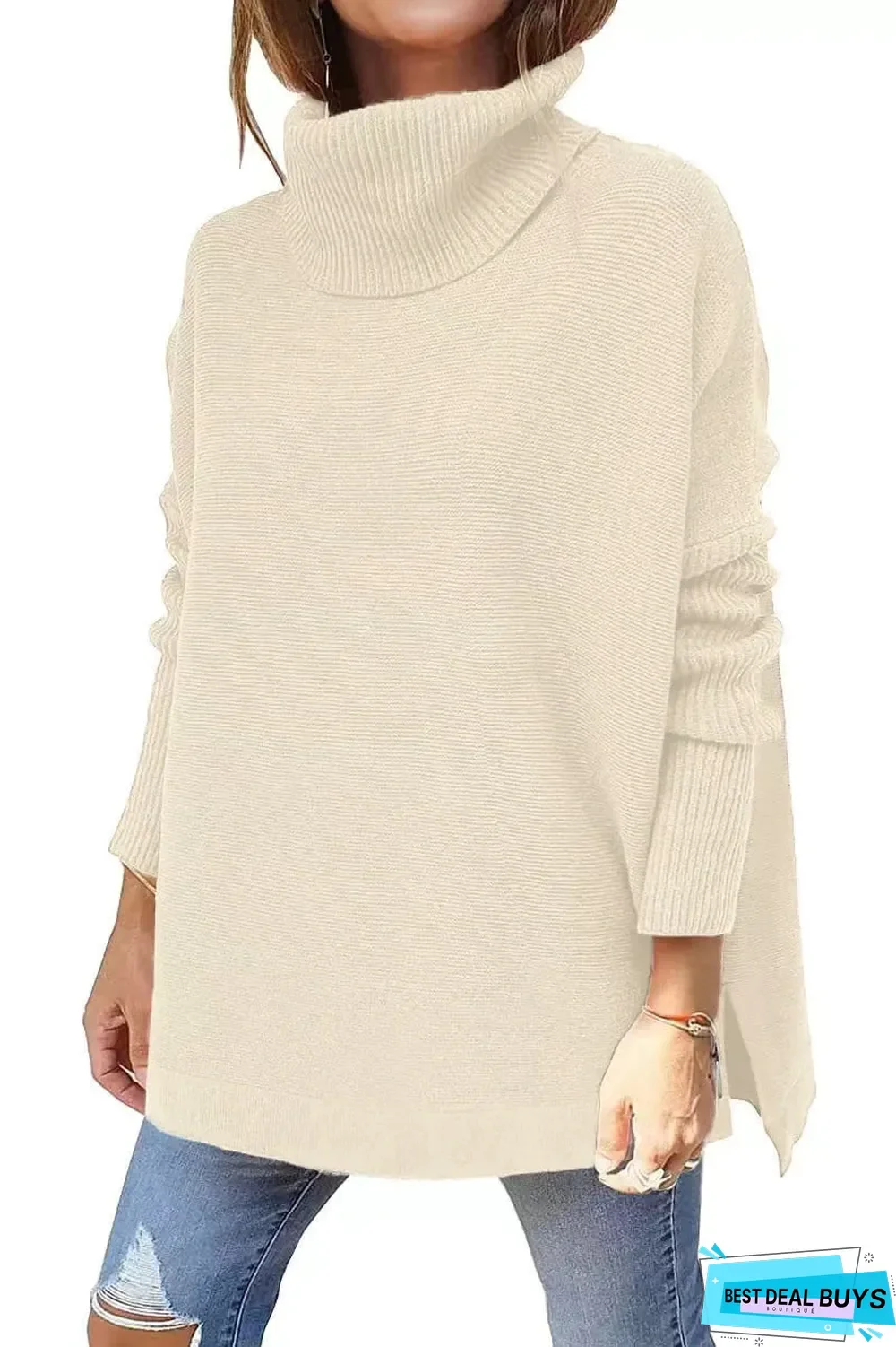 High Neck Bat Wing Sleeve Split Hem Waistband Pullover Sweater