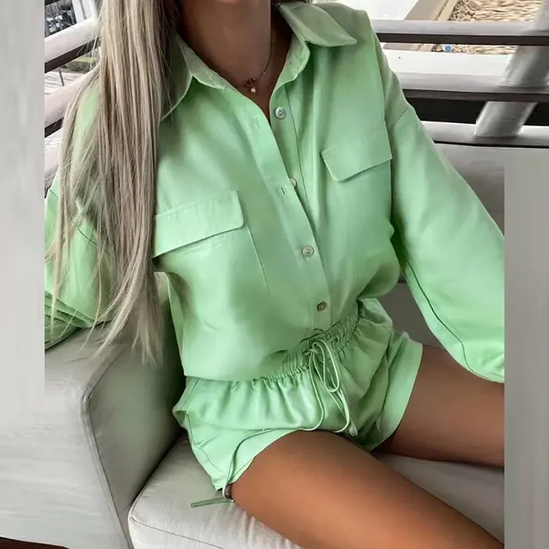 Uveng Uveng 2024 Women's New Casual Solid Color Shirt Rope Lace Shorts Fashion Suit Women