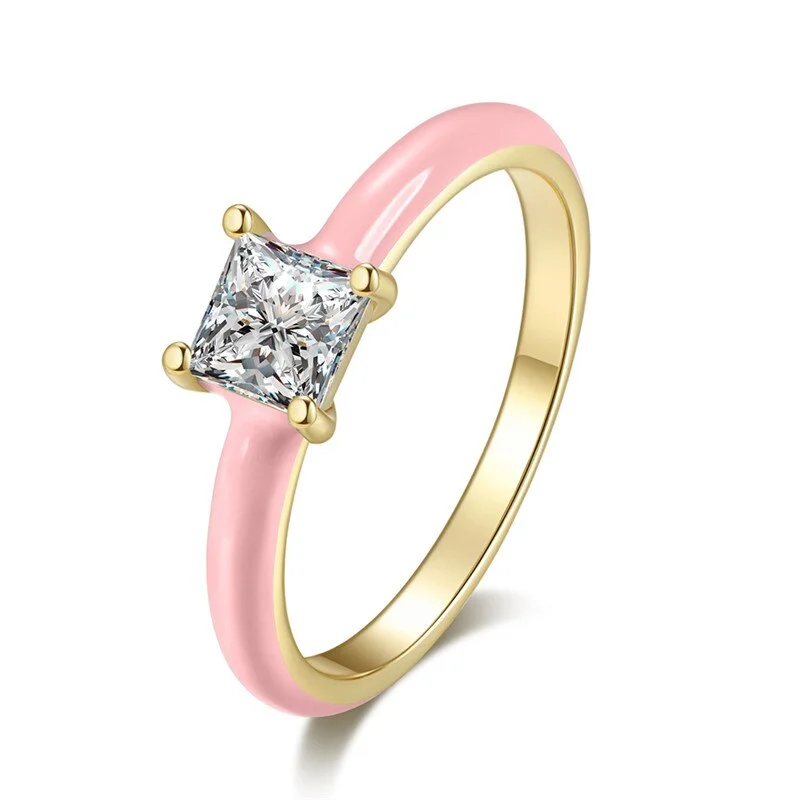 Luxury Female Blue Enamel Thin Ring Classic Gold Color Wedding Band Vintage Square Zircon Stone Engagement Rings For Women