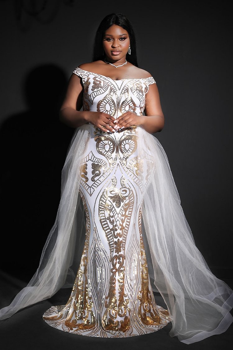 Xpluswear Design Plus Size White Formal Wedding Royal Appliques Sequin Embroidery  Tulle Off Shoulder Mermaid Maxi Dress