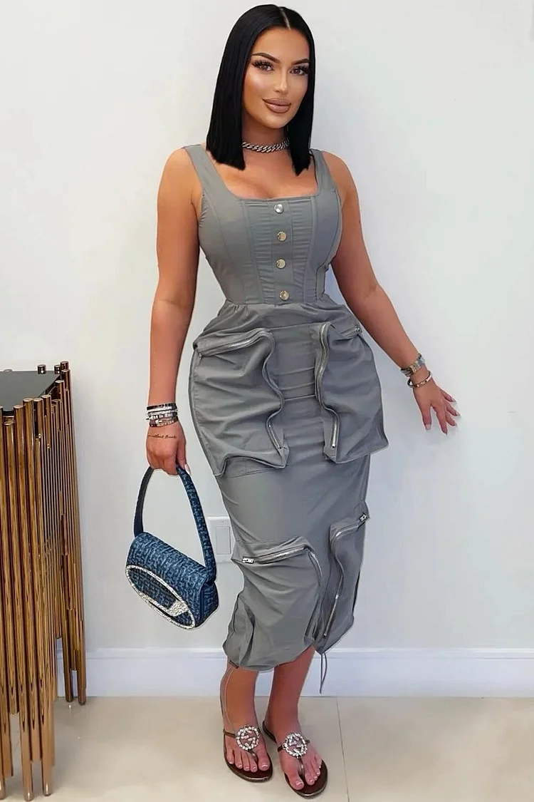 Square Neck Cargo Pocket Slim-Fit Sleeveless Midi Dresses-Gray [Pre Order]