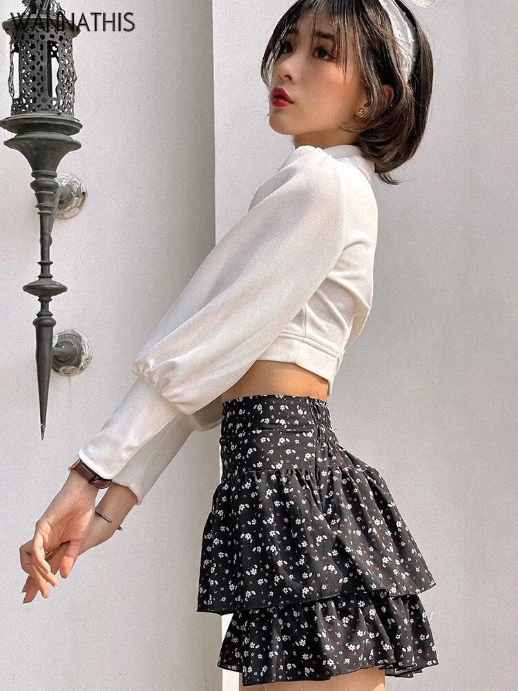 Wannathis Sexy Puff Sleeve Cropped Top For Women Casual Turn Down Collar Streetwear Daily Wear Solid Autumn 2021 Slim Female Tee