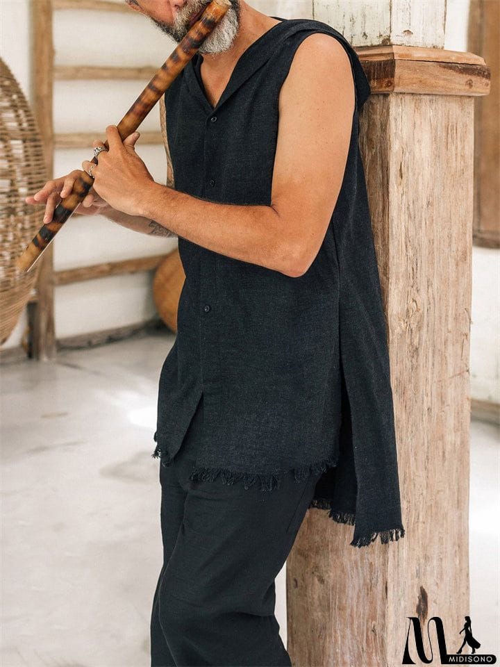 MidiSono - Relaxed Raw Edge Side Slit Linen Cotton Hoodie Mens