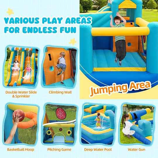 Letsgokid 17.5×13 FT 12 In 1 Inflatable Bounce House For Kids With Double Slide, 750W Blower Toy Stand Jumping Climbing Wall Water Gun Splash Pool Tunnel Basketba