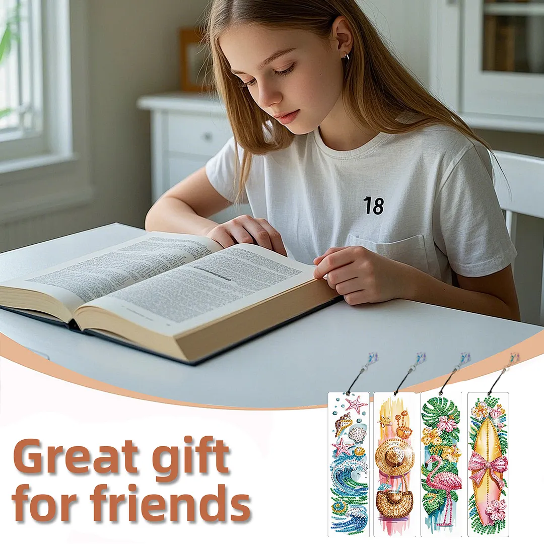 4Pcs Tropical Beach Style DIY Diamond Painting Bookmark with Crystal Pendants Diamond Painting Art Bookmarks Special Shape for DIY Making Beginners Adult Arts Craft Supplies