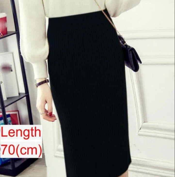 Women Knitted Pencil Skirts Slim Solid Basic Ladies Office High Waist Elegant Midi Skirt 2020 Autumn Winter Warm Womens Skirts