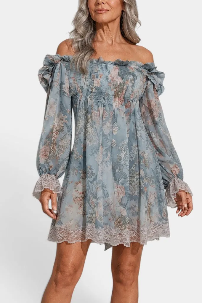 Off-Shoulder Floral Smocked Mini Dress with Ruffled Sleeves