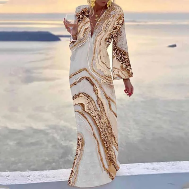 Casual Gold Print Long Sleeve Maxi Dress