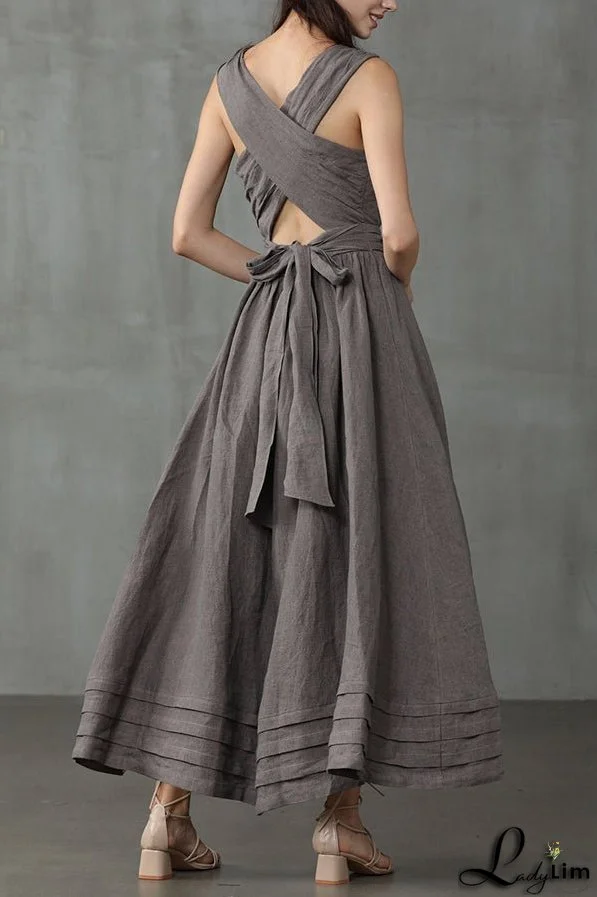 Cross Back O Neck Maxi Linen Dress