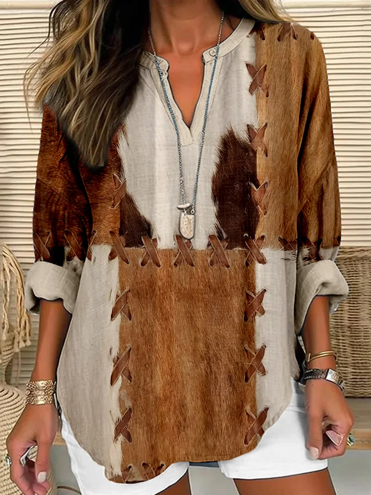 Comstylish Vintage Western Cowhide Pattern Cozy Tunic