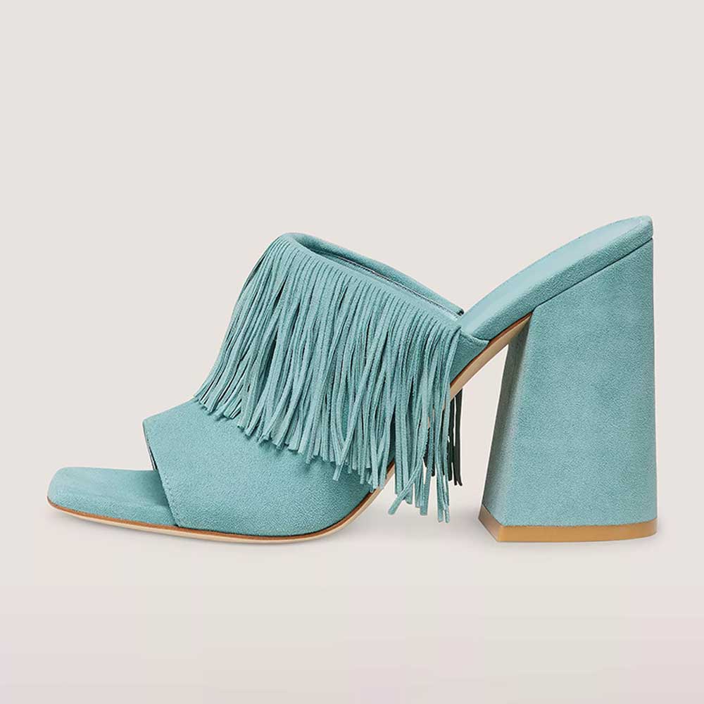 Blue Square Toe 4'' Chunky Heel Fringe Wide Band Mules Nicepairs