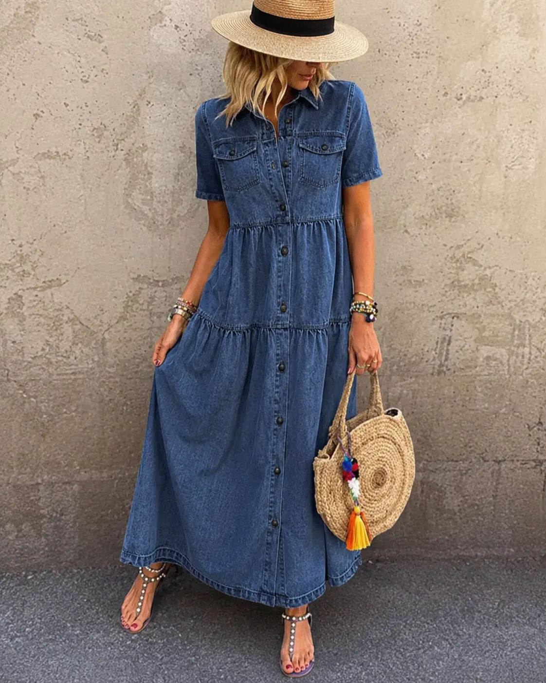Grace denim midi dress details