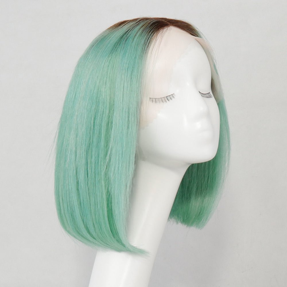 Mint Green 13x4x1 T-Part Lace Front Bob Wigs Brazilian Virgin Human Hair Wigs 150% Density Straight 1B/Peppermint Green Pre Plucked Hairline Glueless with Baby Hair Zaesvini