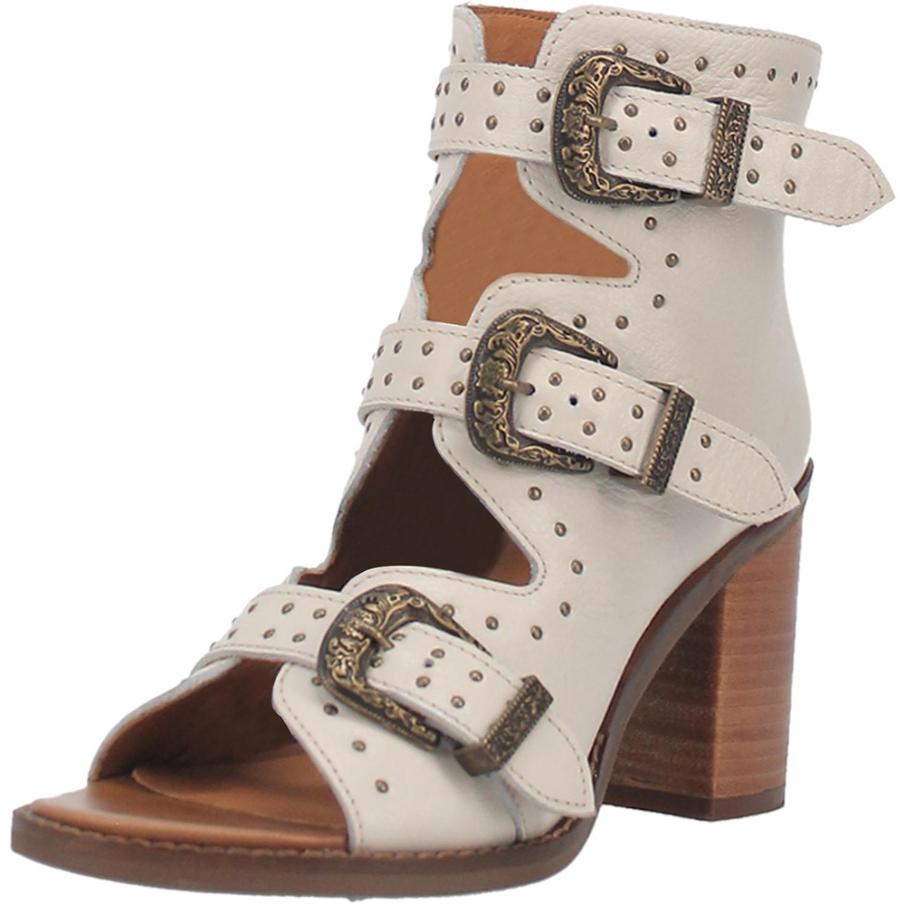 Vintage Ivory Open-Toe Studded Block Heel Sandals with Buckled