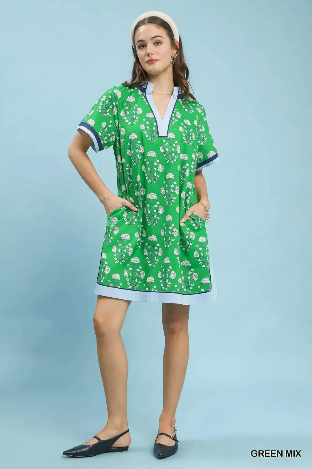 Umgee Printed Split Neck Short Sleeve Shift Dress mysite idetrend