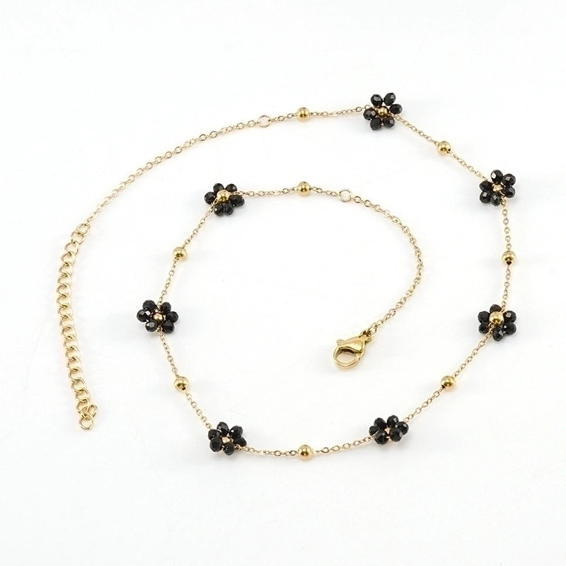 Fashion Flower Artificial Crystal Titanium Steel Beaded Plating 18k Gold Plated Bracelets Necklace