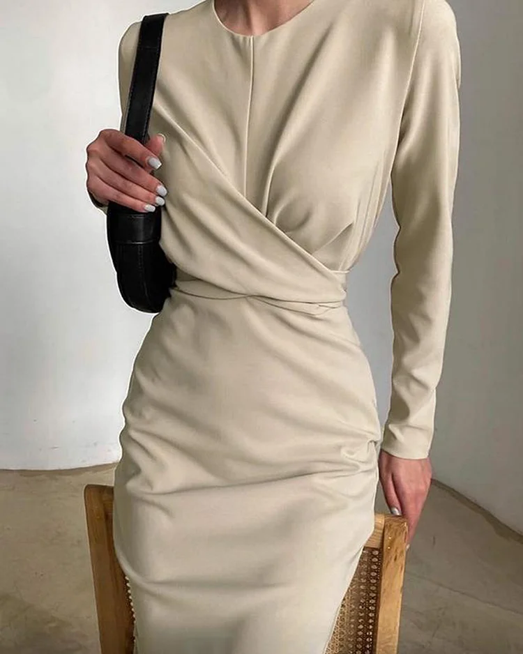 Crew Neck Long Sleeve Pleated Dress