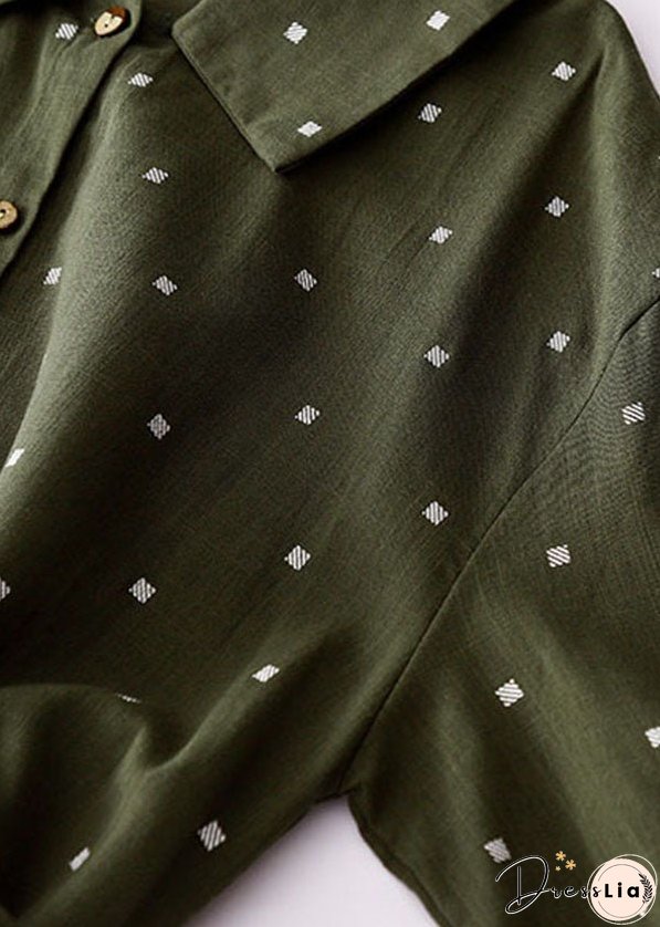 Green Print Patchwork Cotton Dresses Peter Pan Collar Tie Waist Summer