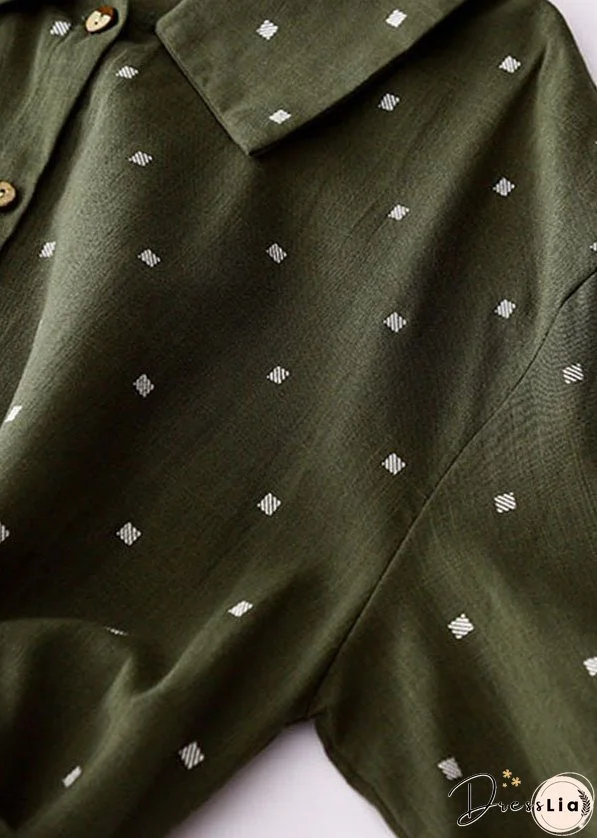 Green Print Patchwork Cotton Dresses Peter Pan Collar Tie Waist Summer