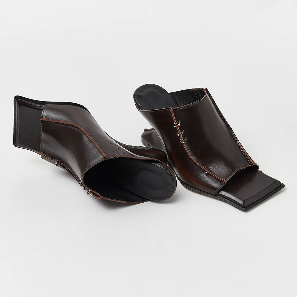 Distressed Brown Wedge Heel Mules Sandals with Silver Piercings