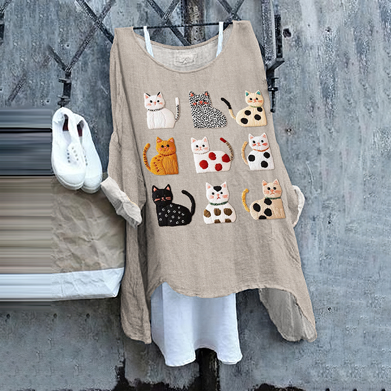 Comstylish Funny Cat Japanese Art Embroidered Linen Blend Tunic