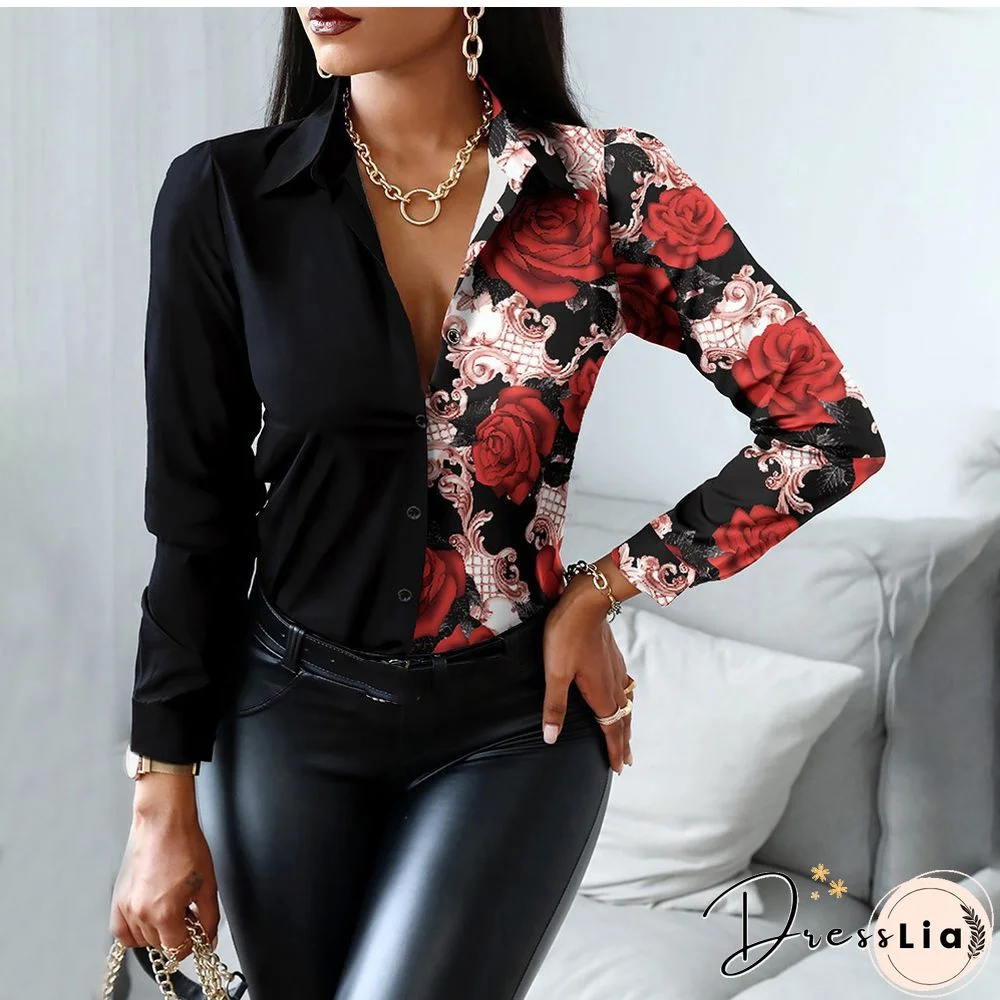 Autumn Women Black Floral Print Top Shirt Fashion Casual Long Sleeve Turn-down Collar Tops Shirts New Elegant Slim Button Shirts