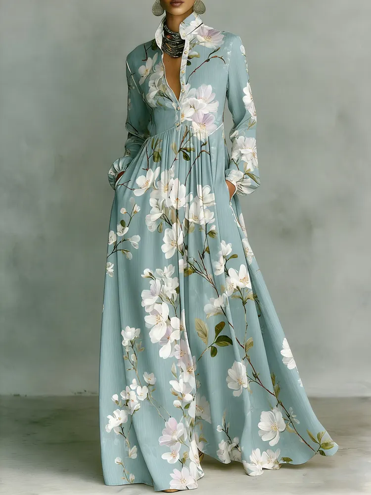 Women's Vintage print Elegant Romantic Vacation Maxi Dress