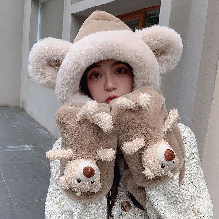 Cute Bear Doll Hat Scarf Gloves Warmer - Modakawa modakawa