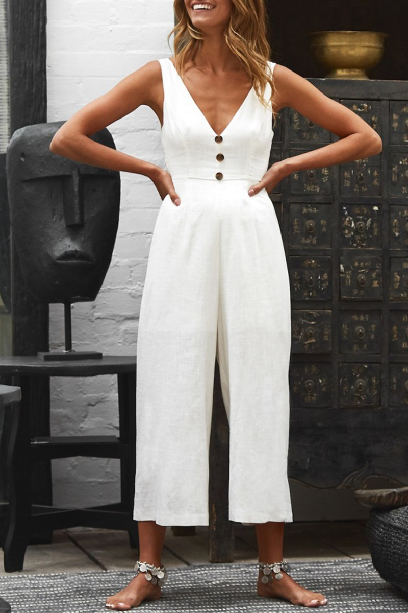 Casual Solid Backless With Bow V Neck Straight Jumpsuits