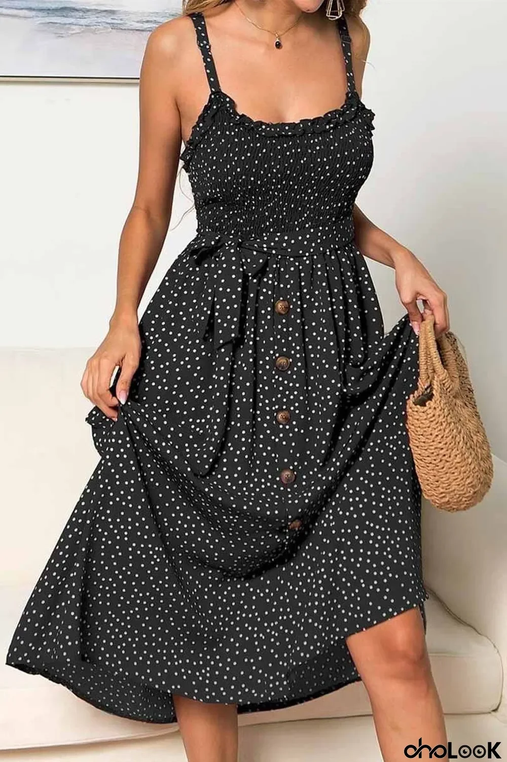 Backless Bandage Dot Design Button Midi Dress