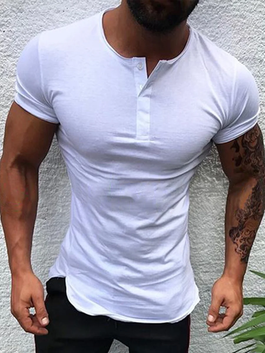 Tiboyz Solid Color Short Sleeve Buttoned Slim T-shirt