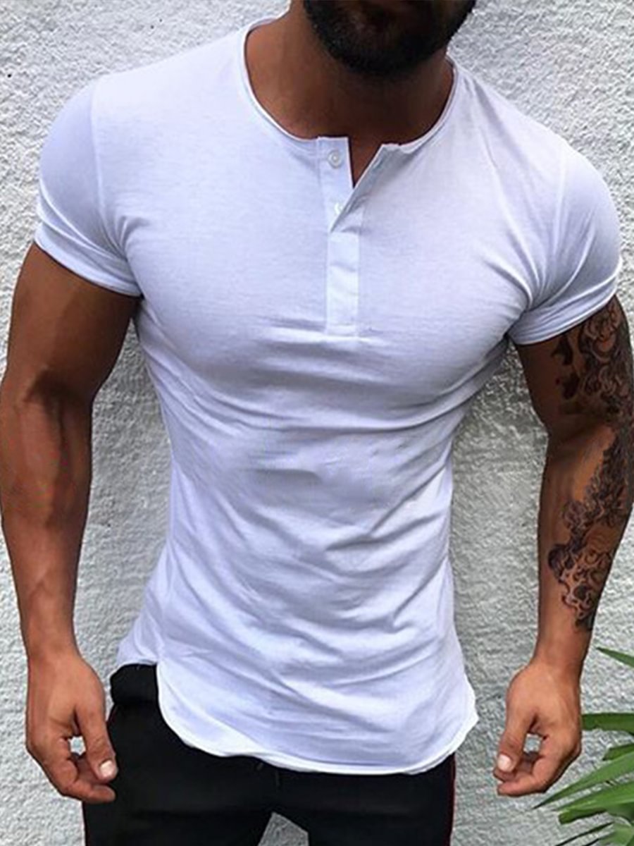 Tiboyz Solid Color Short Sleeve Buttoned Slim T-shirt