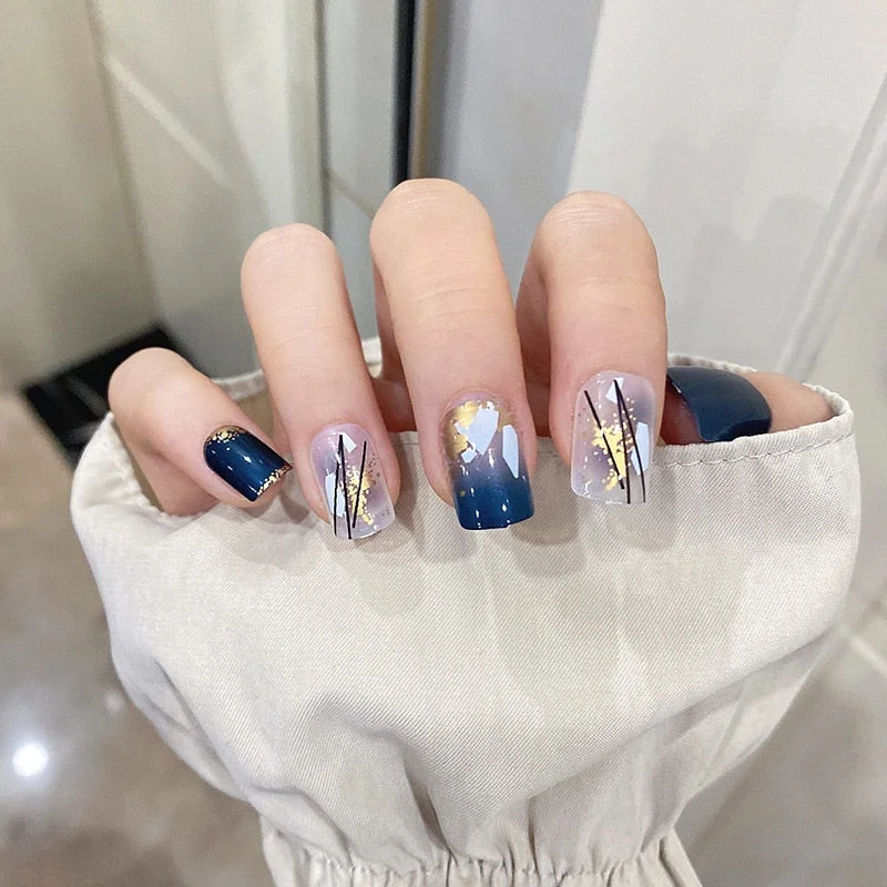 24pcs Fake Nails With Glue Blue Gold Foil Wear Short Paragraph Fashion Manicure Patch False Nails Press On Nails Designs DL-Nail Inspo