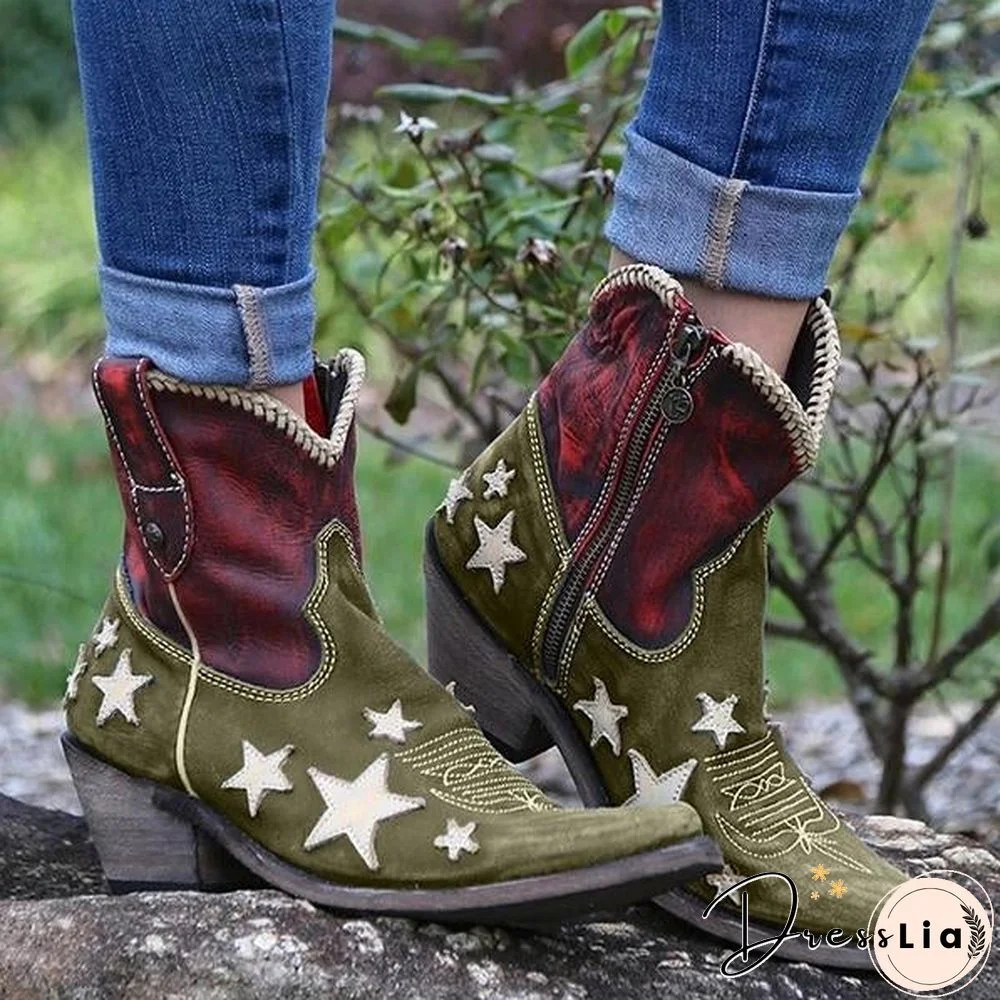 Women's Vintage Pointed Toe Star Short Boots