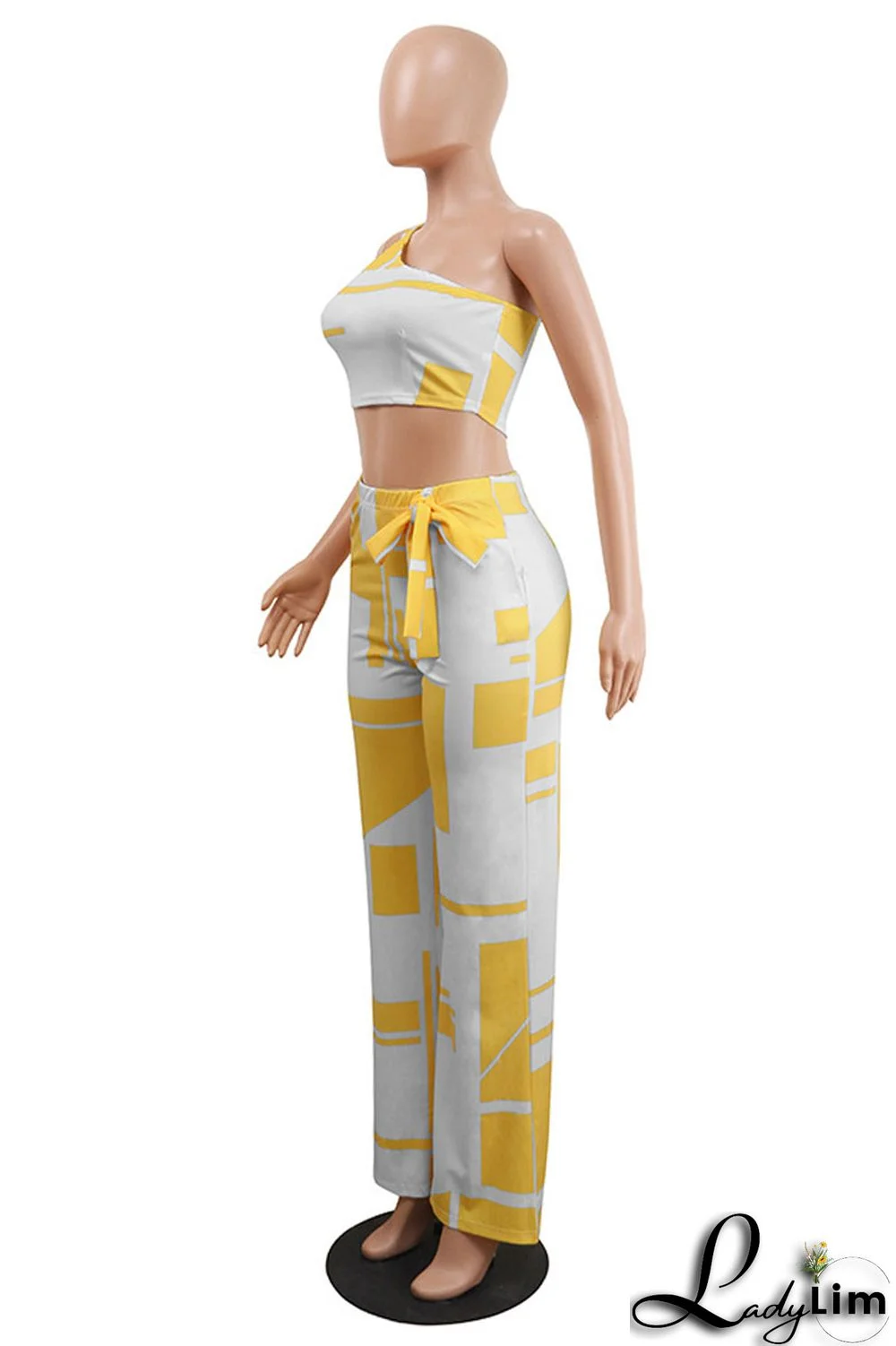 Black Sexy Casual Print Vests Pants One Shoulder Sleeveless Two Pieces