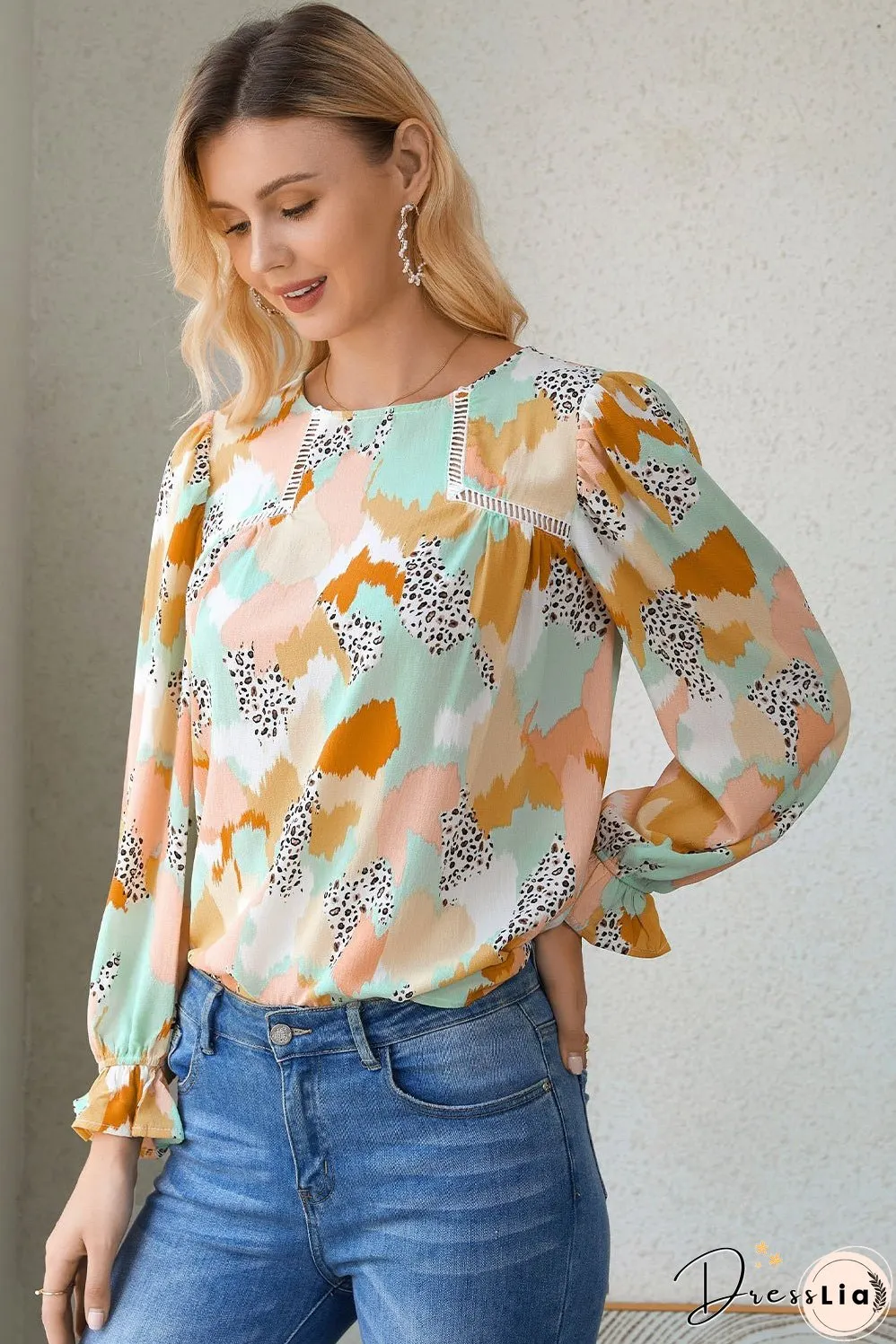 Printed Flounce Sleeve Buttoned Blouse