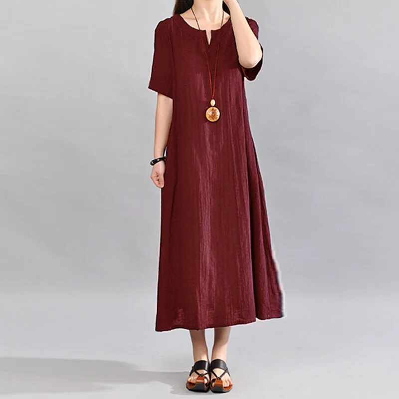 Celmia Women Vintage Linen Dress 2022 Summer V Neck Short Sleeve Solid Pockets Casual Loose Midi Dresses Oversized Vestidos