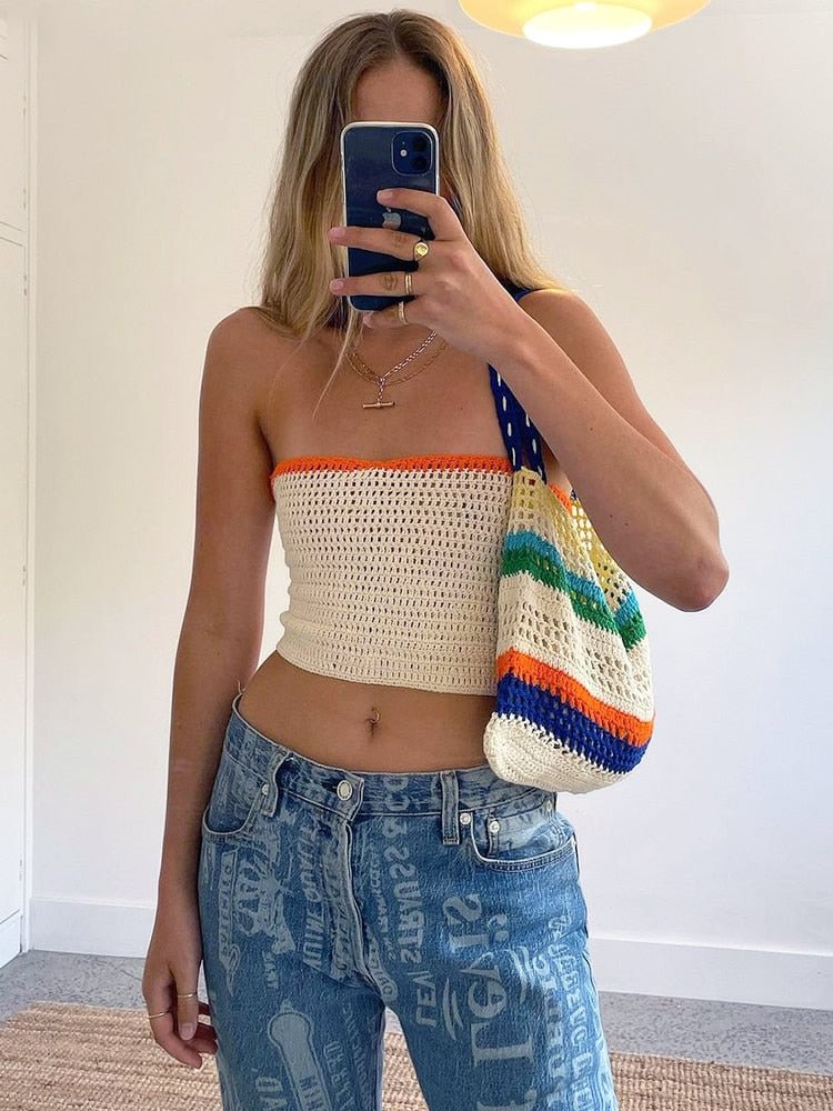 JacuqeLine 2022 Summer Y2K Green Knitted Strapless Crop Top Women Sleeveless Patchwork Vintage Bandage Sexy Tank Tops Backless