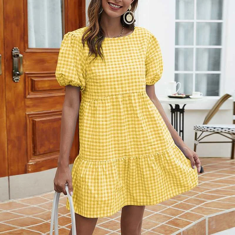 ZANZEA Women Fashion Plaid Checked Mini Dress Casual Loose Summer Dress Short Sleeve Ruffles Party Sundress Sexy Beach Vestido