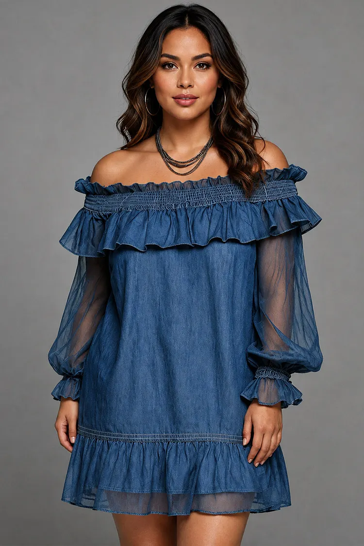 Xpluswear Design Plus Size Vacation Tulle Blue Off The Shoulder Lantern Sleeve Long Sleeve Ruffle Smocking Tencel Denim Mini Dresses [Pre-Order] 2024 - Xpluswear