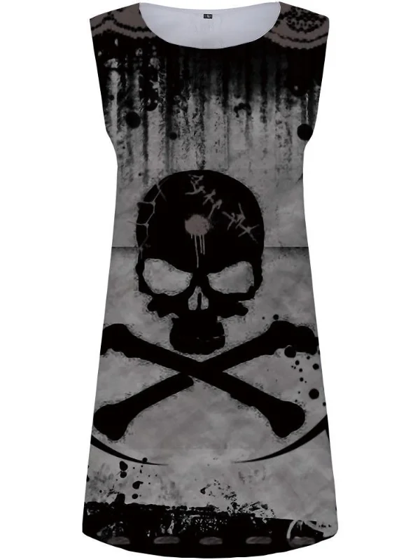 Gothic Dark Sleeveless Crew Neck Printed Skull Midi Dress 