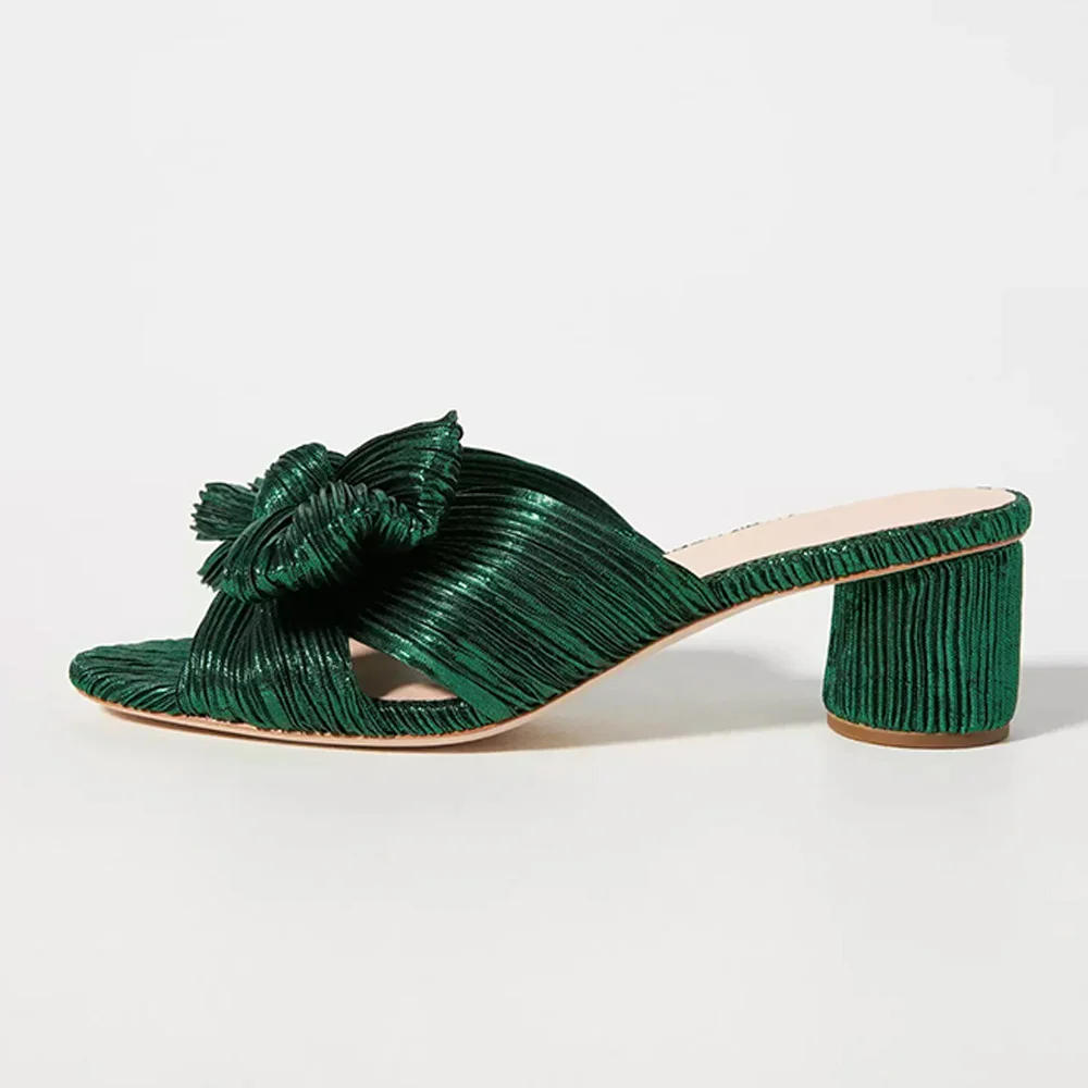 Fresh Green Open Toe Wrinkled Women's Block Heeled Sandals with Bow