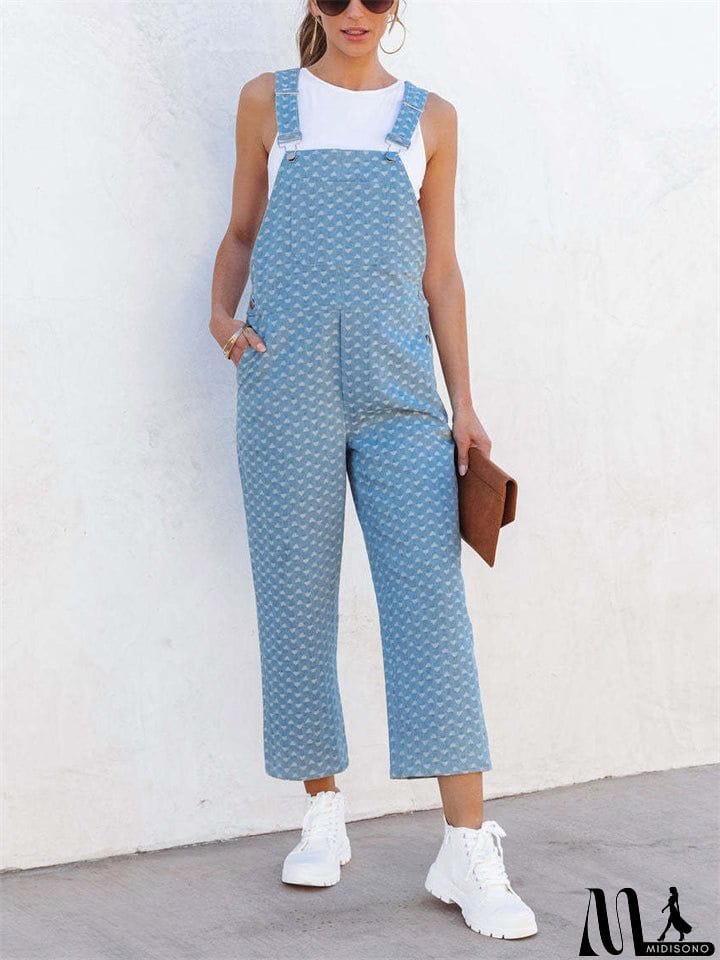 MidiSono - Trendy Ladies Light Blue Polka Dot Denim Jumpsuits