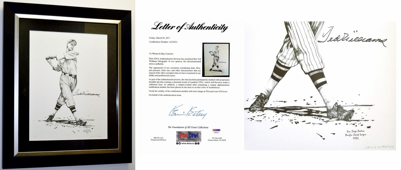 Ted Williams Signed AP Lithograph by Lewis Watkins Autographed FRAMED - PSA/DNA